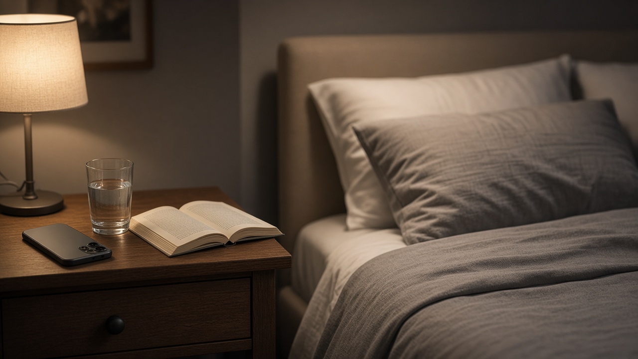 Dimly lit bedside table with a phone placed face-down, an open paper book and a glass of water beside a bed