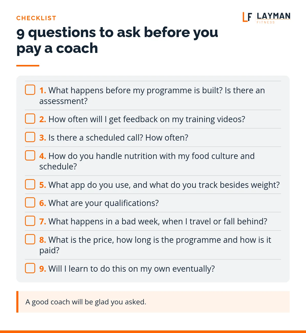 Checklist of nine questions to ask an online fitness coach before paying